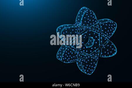 Atom low poly design, Science abstract geometric image, chemistry and physics wireframe mesh polygonal vector illustration made from points and lines Stock Vector