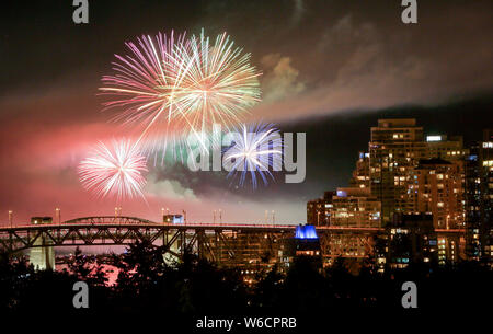 Vancouver, Canada. 31st July, 2019. Team Canada lights up the sky during the Celebration of Light at English Bay in Vancouver, Canada, July 31, 2019. Team Canada lighted up the night sky with fireworks as part of the annual Honda Celebration of Light, which attracted hundred of thousands people to attend. (Photo by Liang Sen/Xinhua) Credit: Xinhua/Alamy Live News