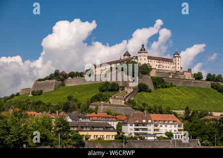 The castle Festung Marienberg is located on a hill above the town, seen across the river Main Stock Photo