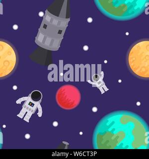Seamless pattern: space with moon, planets, rockets and astronauts. Vector flat illustration. Stock Vector