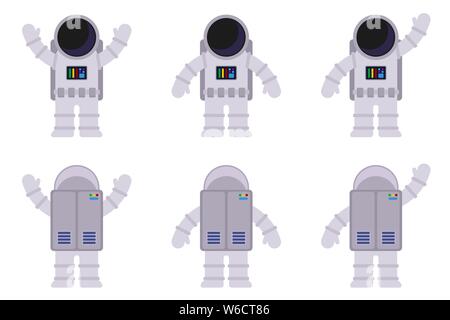 Isolated images of an astronaut in different poses, from the front and back. Vector flat illustration. Stock Vector