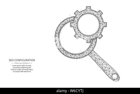 Magnifying glass and cogwheel low poly design, loupe and gear abstract geometric image, SEO configuration wireframe polygonal vector illustration made Stock Vector