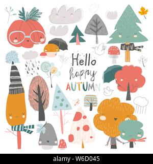 Colorful autumn trees. Cartoon yellow orange autumn tree on white background Stock Vector