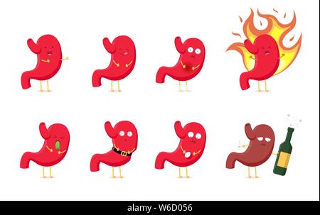 Sad sick unhealthy and healthy strong happy smiling cute stomach character set. Medical human anatomy organ digestive system funny cartoon collection. Vector mascot illustration Stock Vector