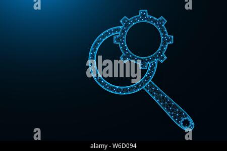 Magnifying glass and cogwheel low poly design, loupe and gear abstract geometric image, SEO configuration wireframe polygonal vector illustration made Stock Vector