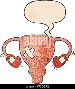 cartoon beat up uterus with boxing gloves with speech bubble in retro texture style Stock Vector