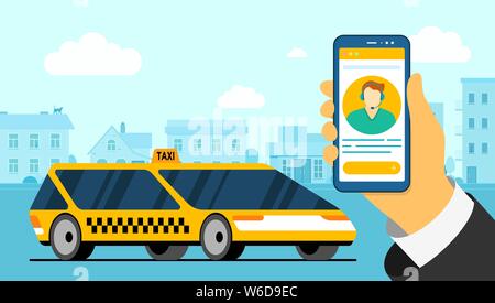 Hand holding smartphone with taxicab operator avatar and modern yellow car on cityscape road. Online delivery dispatcher order service application. Get taxi cab app in city flat vector illustration Stock Vector