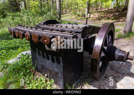 A reconstruction of the Italian artist, engineer and inventor Leonardo da Vinci’s (1452 – 1519)  “fan cannon” seen in the technology section at the little medieval village, Sundkøbing,  at the outdoor Medieval Centre in Nykøbing Falster, Denmark.  The Medieval Centre is built around the village Sundkøbing at a fjord as it was around the year 1400. Houses are authentically designed and built with the people who populate the village, men, women, children, peasants, craftsmen, warriors and knights etc dressing and work as they would back in 1400.  Canons and large trebuchets can be seen firing mi Stock Photo