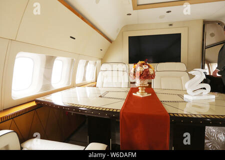 Interior view of the cabin of a 737-700 jet airliner of BBJ (Boeing ...