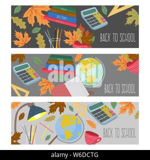 Back to school. Cute flat vector set horizontal banners with stationery,autumn leaves, books and other Stock Vector
