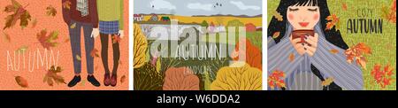 Cozy autumn. Set of cute horizontal flat vector illustration with landscape natural background, people with a cup of tea, in warm shoes and falling le Stock Vector