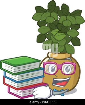 Student with book jade plant grows in cartoon stem Stock Vector