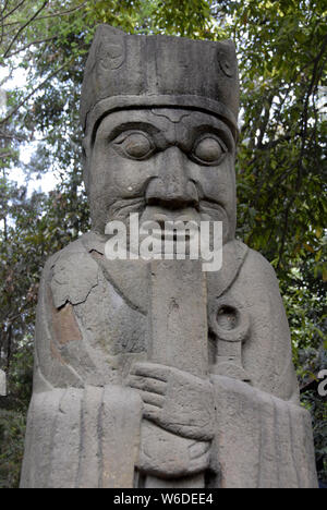 The Tomb of Wang Jian in Chengdu, Sichuan, China. This tomb is also known as the Yongling Mausoleum. The tomb has many ancient statues. Chengdu, China Stock Photo