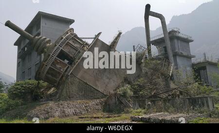 Aerial view of the ruins of a fertilizer plant destroyed after the Wenchuan Earthquake in 2008 in Shifang city, southwest China's Sichuan province, 18 Stock Photo