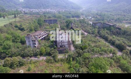 Aerial view of the ruins of a fertilizer plant destroyed after the Wenchuan Earthquake in 2008 in Shifang city, southwest China's Sichuan province, 18 Stock Photo