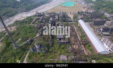 Aerial view of the ruins of a fertilizer plant destroyed after the Wenchuan Earthquake in 2008 in Shifang city, southwest China's Sichuan province, 18 Stock Photo