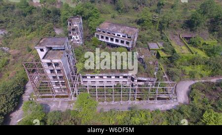 Aerial view of the ruins of a fertilizer plant destroyed after the Wenchuan Earthquake in 2008 in Shifang city, southwest China's Sichuan province, 18 Stock Photo