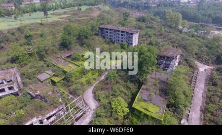 Aerial view of the ruins of a fertilizer plant destroyed after the Wenchuan Earthquake in 2008 in Shifang city, southwest China's Sichuan province, 18 Stock Photo