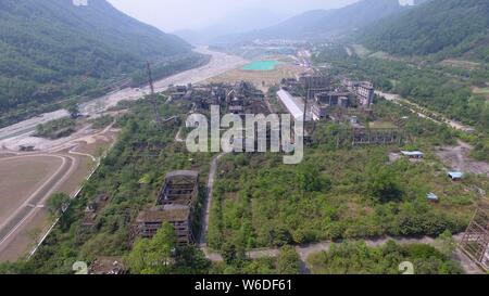 Aerial view of the ruins of a fertilizer plant destroyed after the Wenchuan Earthquake in 2008 in Shifang city, southwest China's Sichuan province, 18 Stock Photo