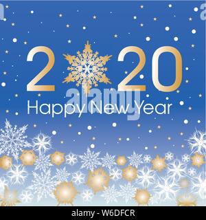 2020 Happy New Year card template. Design patern snowflakes white, gold and blue color. Stock Vector