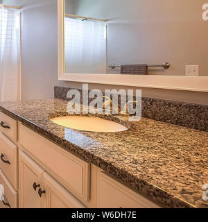 Square frame Bathroom interior with toilet beside a vanity unit with large rectangular mirror Stock Photo