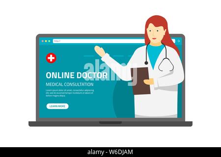 Health care online consultation conceptual banner. Medical internet assistance. Female doctor consultant gives medicine information. Patient uses laptop for online diagnostics. Vector eps illustration Stock Vector
