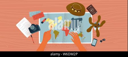 Woman hands pointing at world map destinations on wood desk surface. Travel plan concept or vacation trip organization illustration with plane tickets Stock Vector