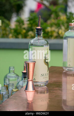 Bottle of Seedlip non-alcoholic herbal drink on a bar at The Seedlip Garden, RHS Chelsea Flower Show 2018 Stock Photo