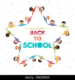 Welcome back to school illustration of diverse children student group making star shape. Happy kids smiling from top view angle, kindergarten pupils o Stock Vector