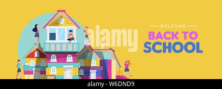 Welcome back to school web banner illustration of children group making book city and houses from education books. Creativity or classroom imagination Stock Vector