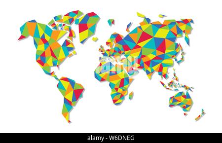 Abstract world map illustration of colorful geometric shapes. Earth planet made with multicolor low poly triangles on isolated background. Stock Vector