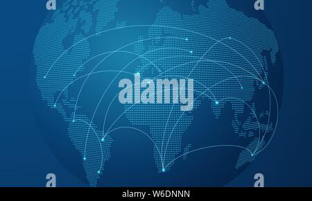 Modern blue world map illustration with futuristic digital network connection. Internet communication concept or travel design in curved globe perspec Stock Vector