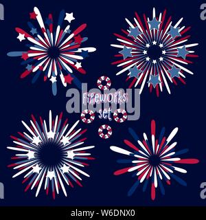 Firework set for national USA holidays such as Independence, Memorial, Labor, Veterans day and other traditional celebrations. Red, blue and white col Stock Vector