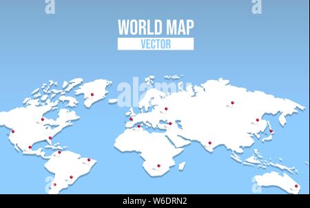 3d world map illustration with red pin locations. Empty globe template of worldwide destinations for education or travel concept. Stock Vector