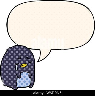 cartoon crying penguin with speech bubble in comic book style Stock Vector