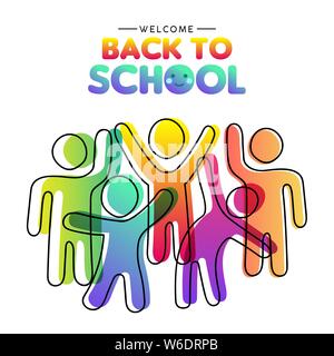 Welcome back to school card illustration of diverse colorful student group together. Children classmates concept in modern gradient color style. Stock Vector