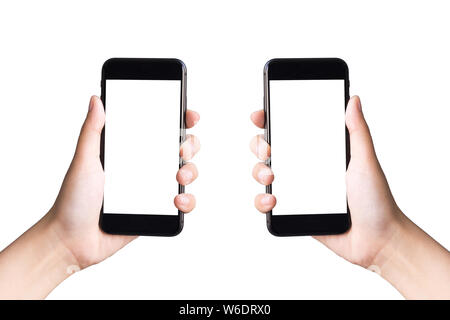 two hands holding smart phones on white background with clipping path Stock Photo