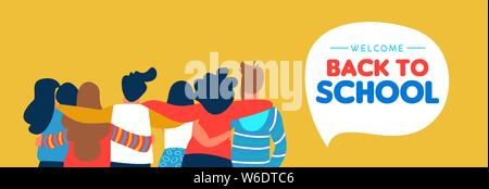 Welcome back to school web banner illustration of diverse teen student group hugging together. Highschool teenager classmate concept or young college Stock Vector