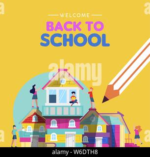 Welcome back to school greeting card illustration of children group making book city and houses from education books. Creativity or classroom imaginat Stock Vector