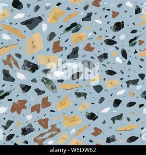 Colorful terrazzo flooring seamless pattern with realistic color stones and rocks on blue background. Traditional stone material tile illustration. Stock Vector