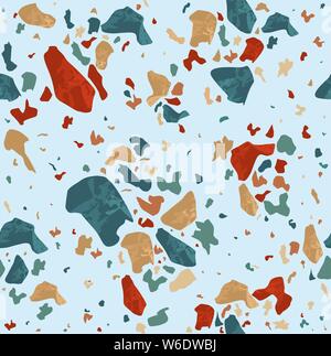 Colorful terrazzo flooring seamless pattern with realistic color stones and rocks on white background. Traditional stone material tile illustration. Stock Vector