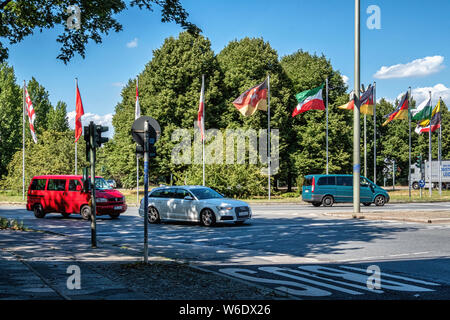 Flags of Europe, Germany, Berlin and the other 15 federal states on Jakob-Kaiser-Platz. Charlottenburg-Wilmersdorf, Berlin Stock Photo