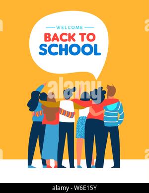 Welcome back to school card illustration of diverse teen student group hugging together. Highschool teenager classmate concept or young college studen Stock Vector