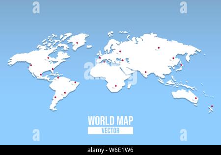 3d world map illustration with red pin locations. Empty globe template of worldwide destinations for education or travel concept. Stock Vector