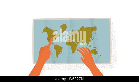Woman hands pointing at world map destinations on empty isolated white background. Travel plan concept or vacation trip organization illustration. Stock Vector
