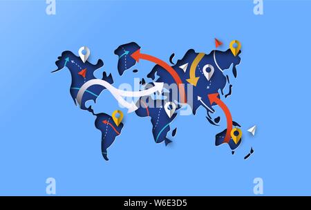 Papercut World Map With Gps Icons And Paper Route Arrows Modern Blue