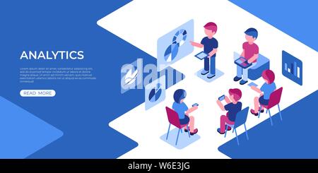 Artificial virtual reality analytics technology isometric 3d icons infographics with people, digital vector advert infographics Stock Vector