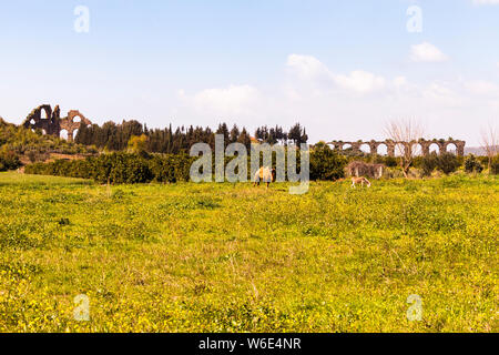 Inverted siphon of the Roman aqueduct of Aspendos. Antique Ruins, Turkey Stock Photo