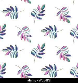 Hand drawn outline leaves purple pop colors seamless vector pattern. Stock Vector