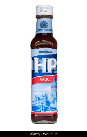 The iconic HP Sauce label has been updated to include the scaffolding currently around the Elizabeth Tower. To celebrate 160th anniversary of Big Ben. Stock Photo